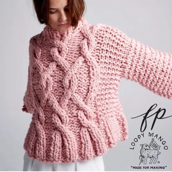 Free People x Loopy Mango Sweaters - Free People x Loopy Mango Cabin Fever Pink Cable Sweater Tunic OS Merino Wool